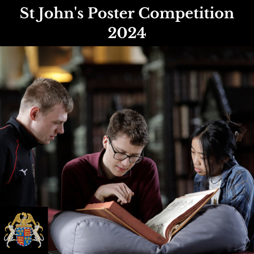 Three St John's students study a large book in the Old Library