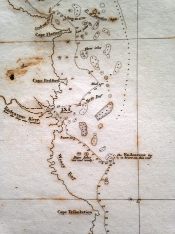 Detail of chart showing the place where HMS Endeavour struck a reef