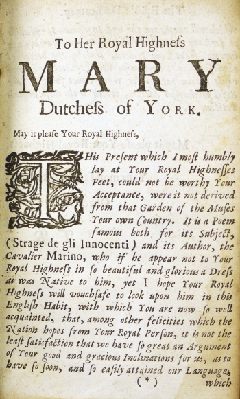 First page of T.R.'s dedication to Mary, Duchess of York.