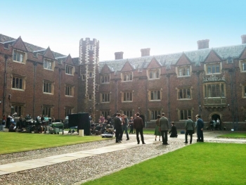 Film crew and extras shooting a scene in Second Court