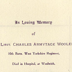 Memorial card for 2nd Lieut. Charles A Wooler, July 1916
