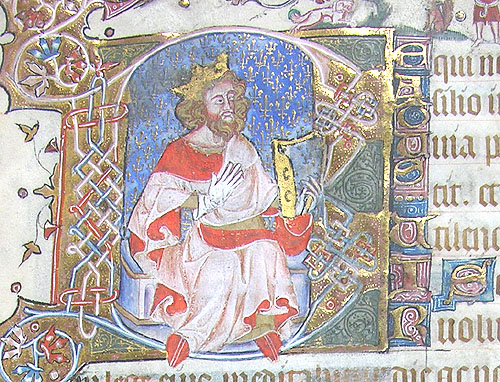 Historiated initial B at the start of Psalm I, with King David playing his harp.