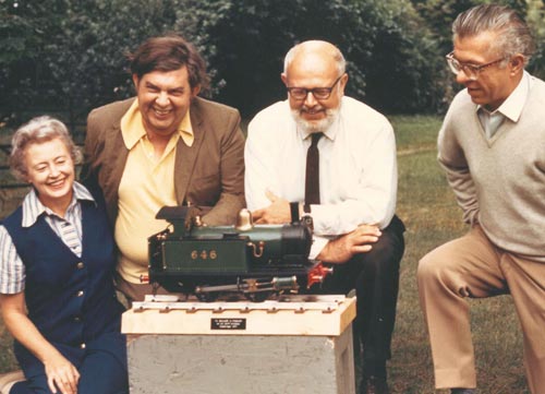 Photograph of Margaret and Geoffrey Burbidge, Willy Fowler, and Fred Hoyle in 1971.