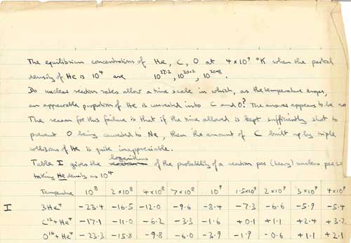 Extract from Hoyle's 1946 notebook showing his early ideas about stellar nucleosynthesis