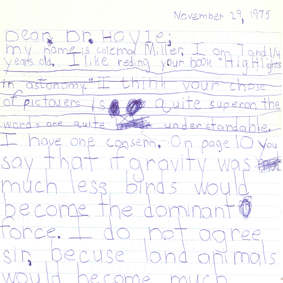 A letter from a young reader of one of Hoyle's books about astronomy. Hoyle papers 22/25/8.