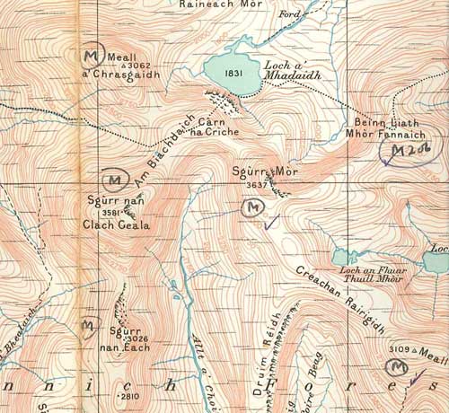 One of Hoyle's OS maps of Scotland, on which he has marked Murnos, and ticked off those he has climbed