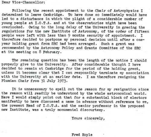 Hoyle's final letter of resignation, sent in February 1972