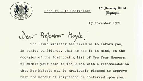The letter sent on behalf of the Prime Minister informing Hoyle that he had been chosen to receive a Knighthood