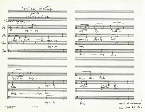 The score of Smit's four-part choral birthday greeting to Fred HOyle in July 1965
