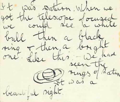 A letter from Fred Hoyle to his father with a drawing of the planet Saturn as seen through his new telescope