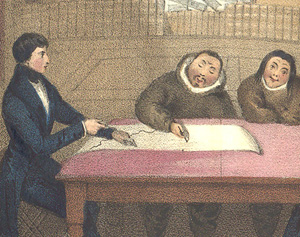 Inuits describing the surrounding land to the Ross expedition