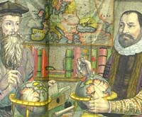 Gerard Mercator (left) and Jodocus Hondius (right) with their books and maps