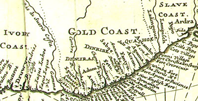 Map of the West Coast of Africa labelled with the Ivory Coast, Gold Coast and Slave Coast