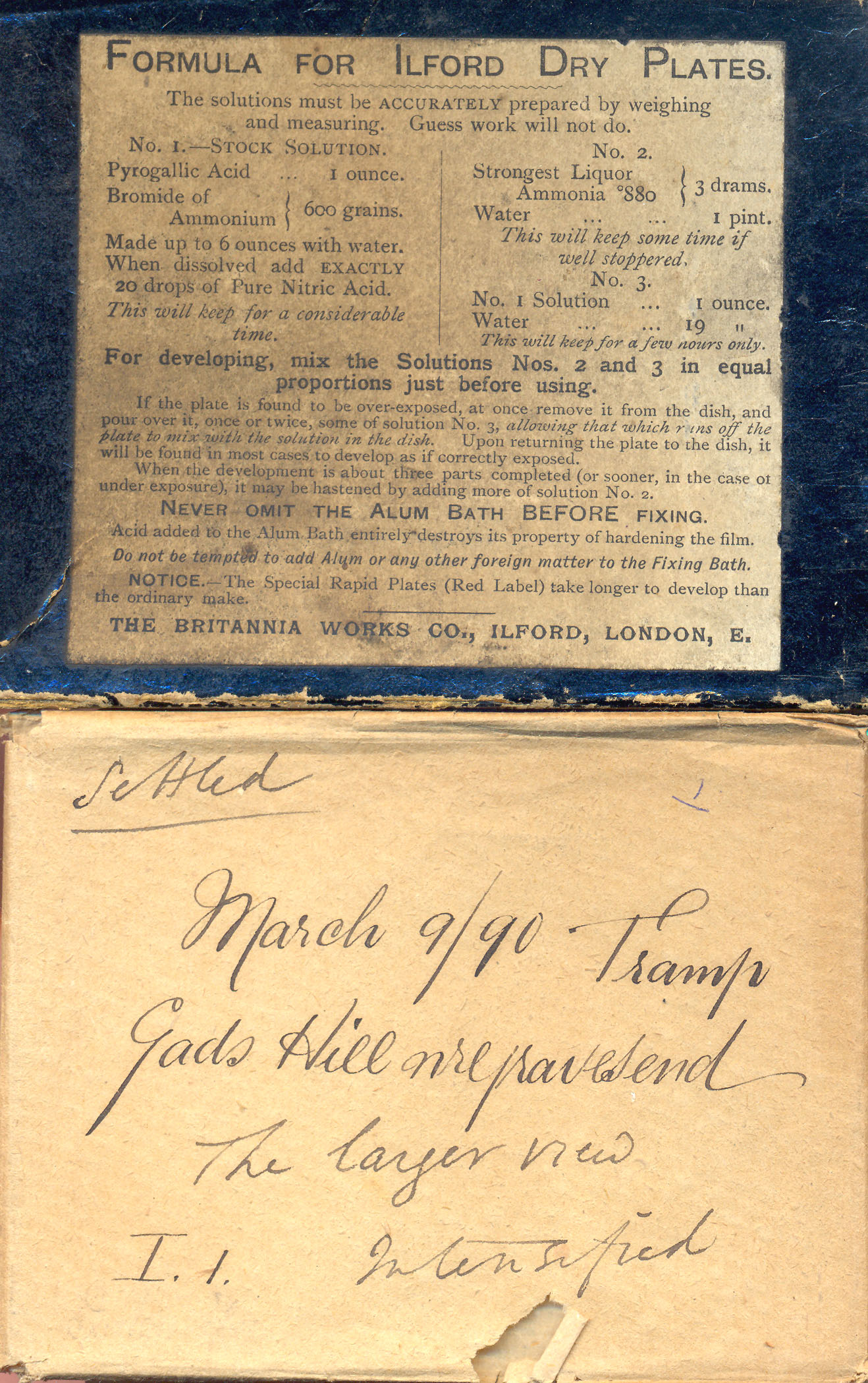 Original box and envelope for one of Butler's dry plates
