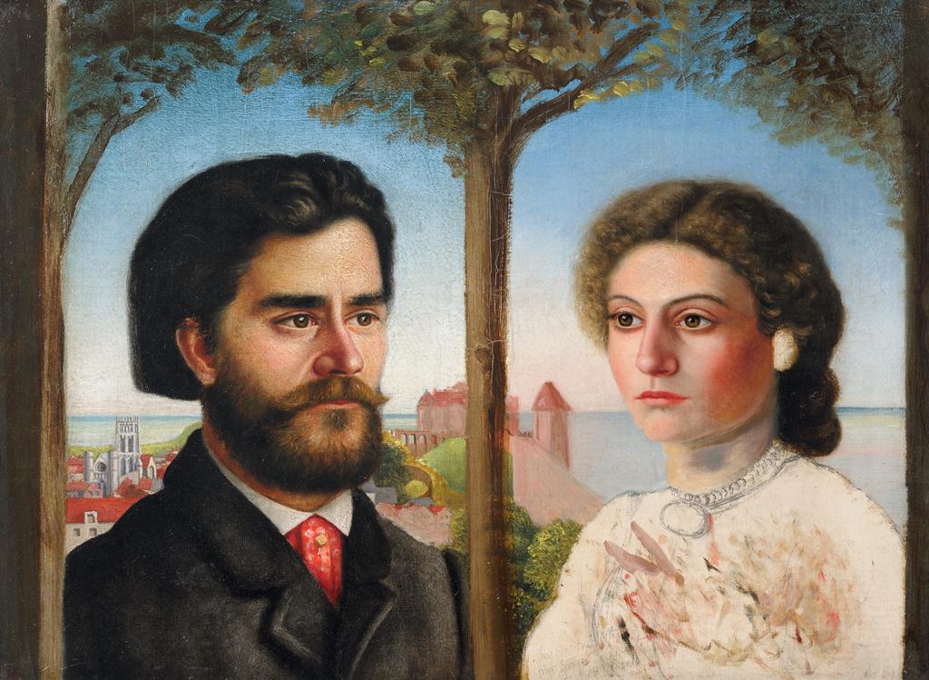 Head and shoulders portraits of a man and woman against an Italian city backdrop