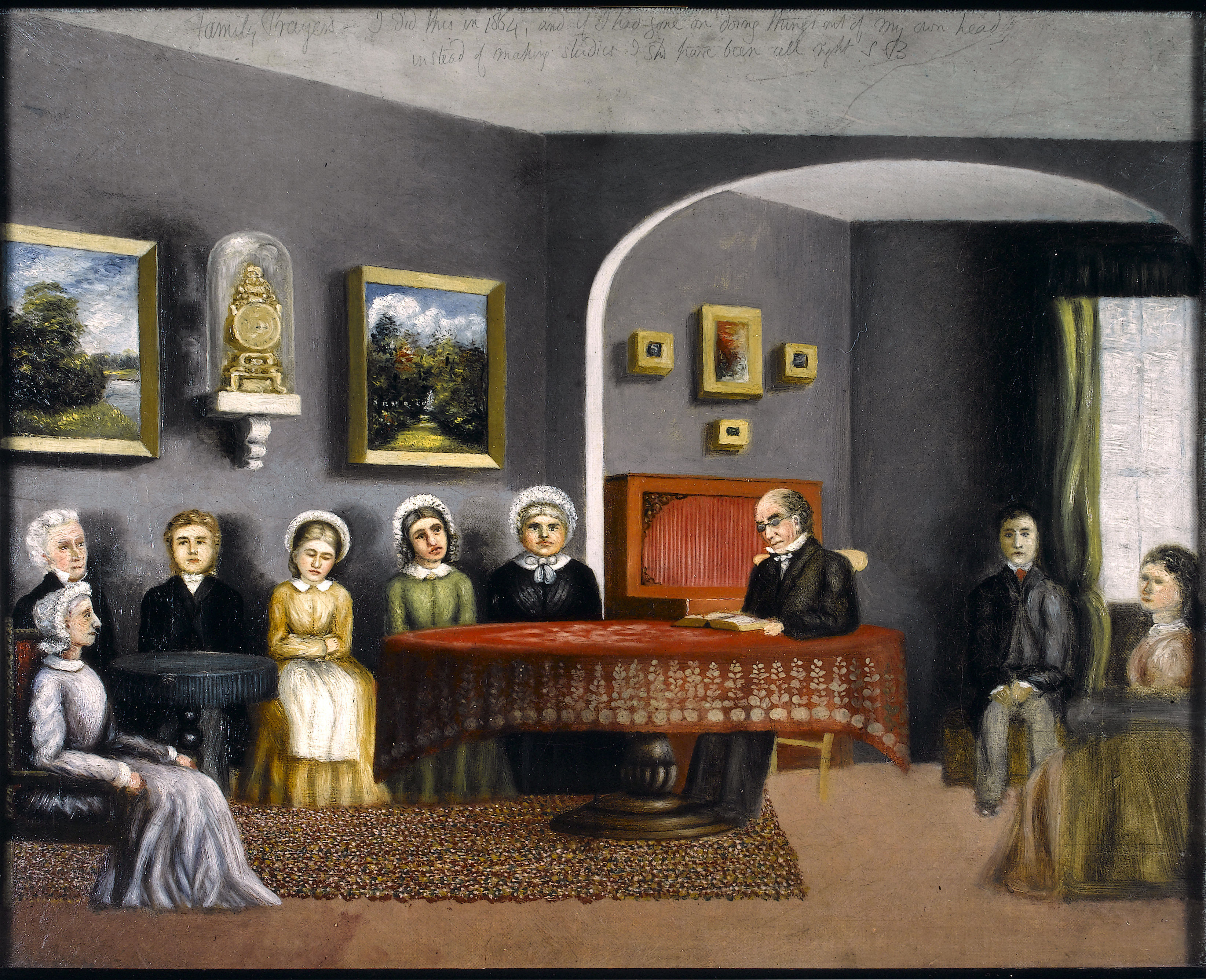 Oil painting showing a pious family seated round a table