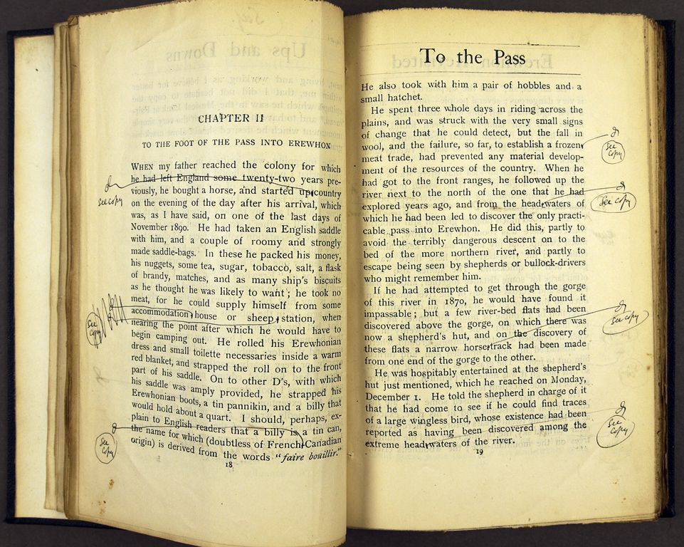 Double page spread showing printed proof with manuscript corrections