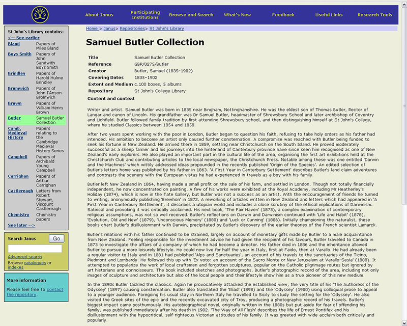 The Samuel Butler Collection on the Janus catalogue