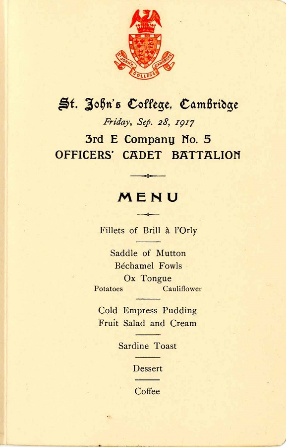 Officers' Cadet dinner menu 1917