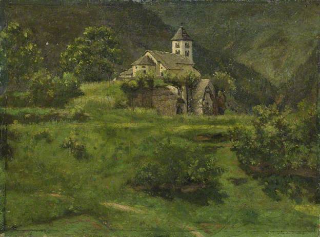 Oil painting showing a chapel on a hillside among foliage