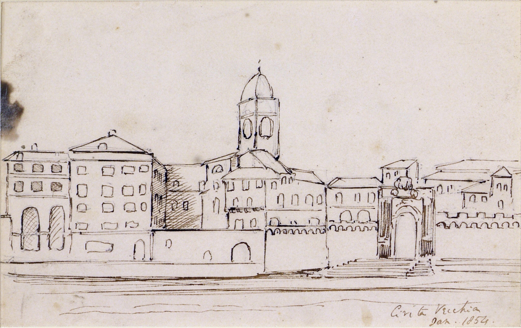 Pen and ink sketch showing the town of Civitavecchia in Italy