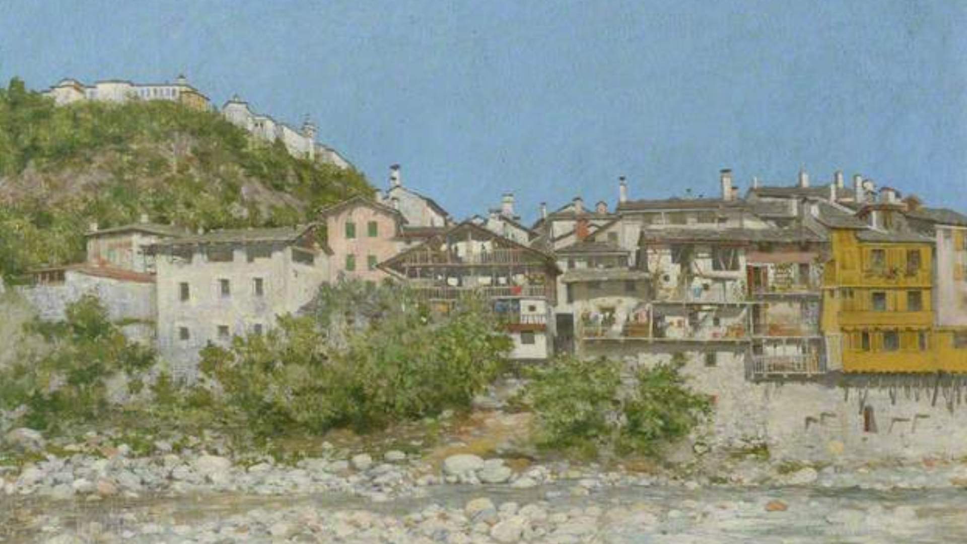 Oil painting showing Varallo viewed from across the water