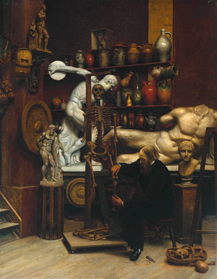 Portrait of a man in an art studio fixing a skeleton, surrounded by classical scultures