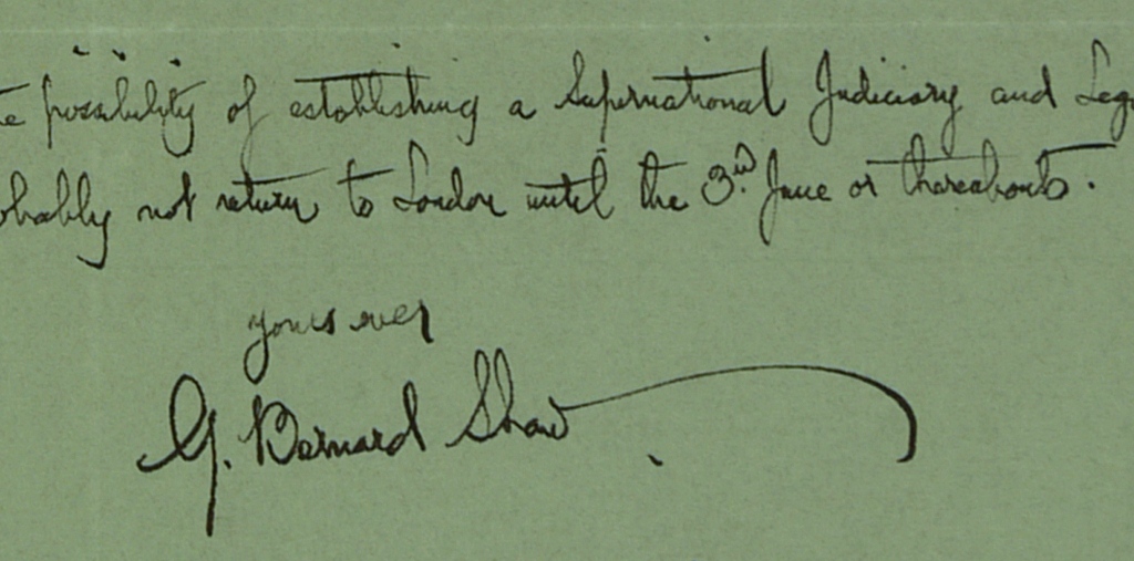 Autographed letter from George Bernard Shaw