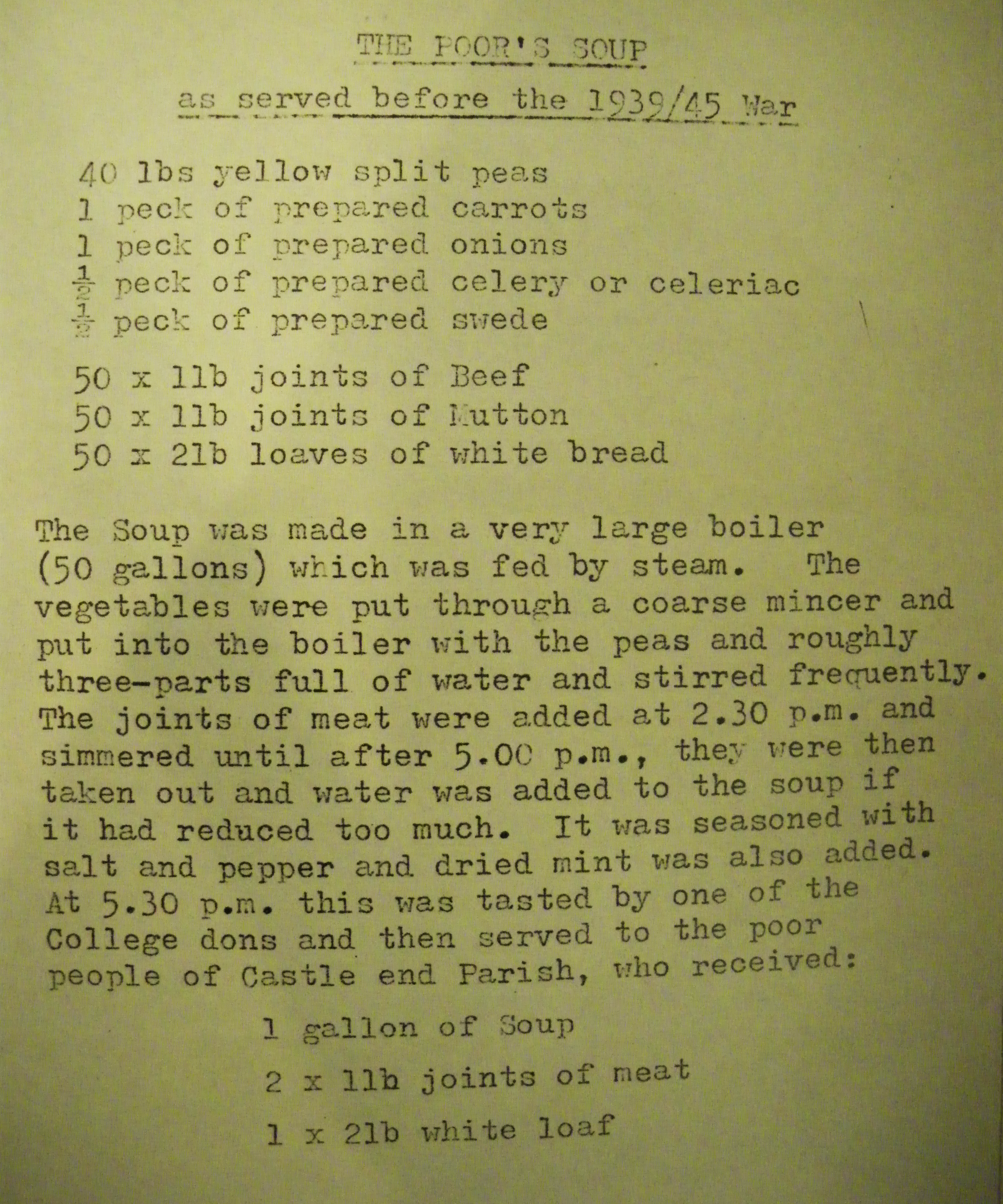 Recipe for the 'Poors Soup', as recorded around 1980. A typed sheet of paper.