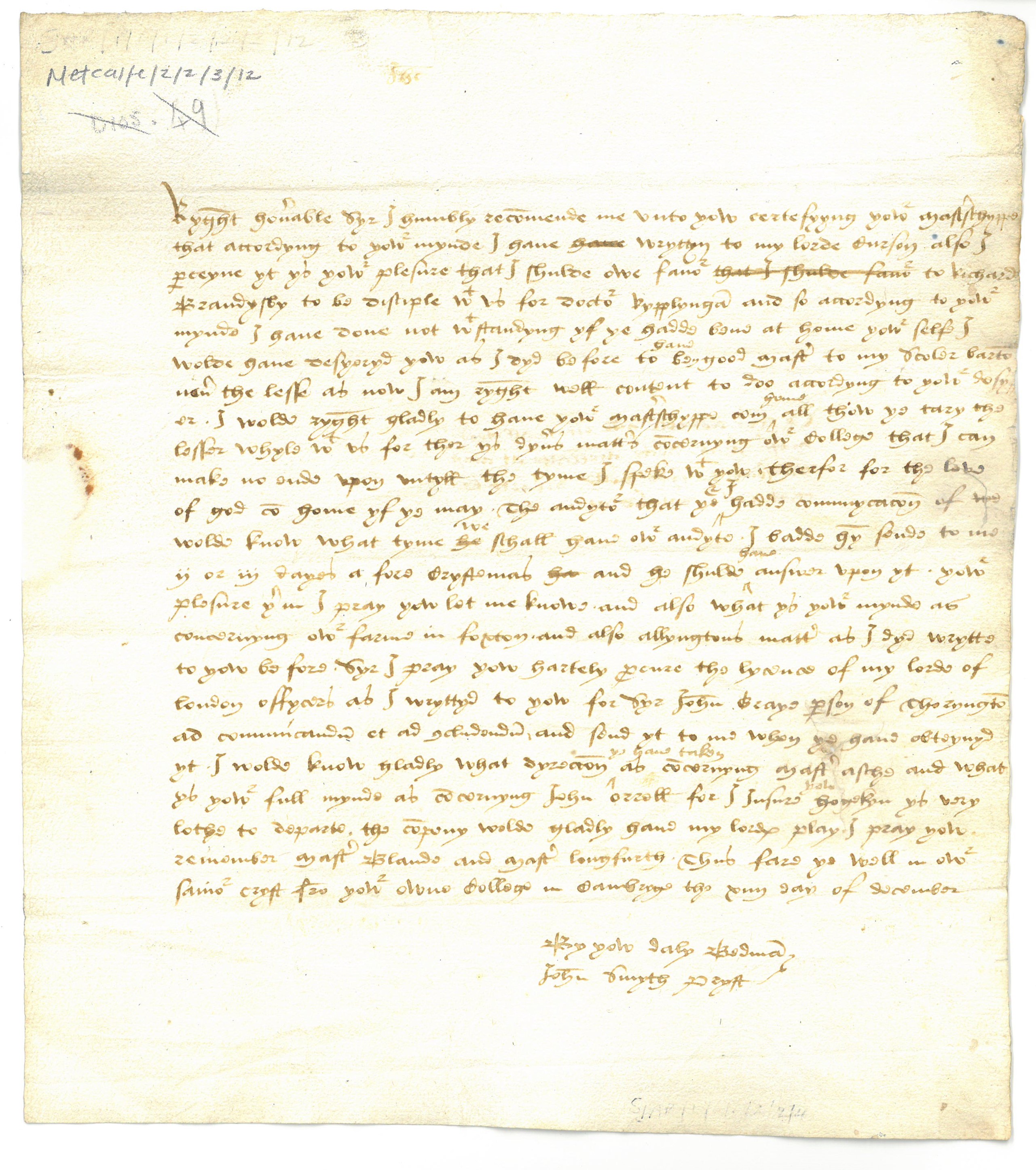 Letter to Nicholas Metcalfe