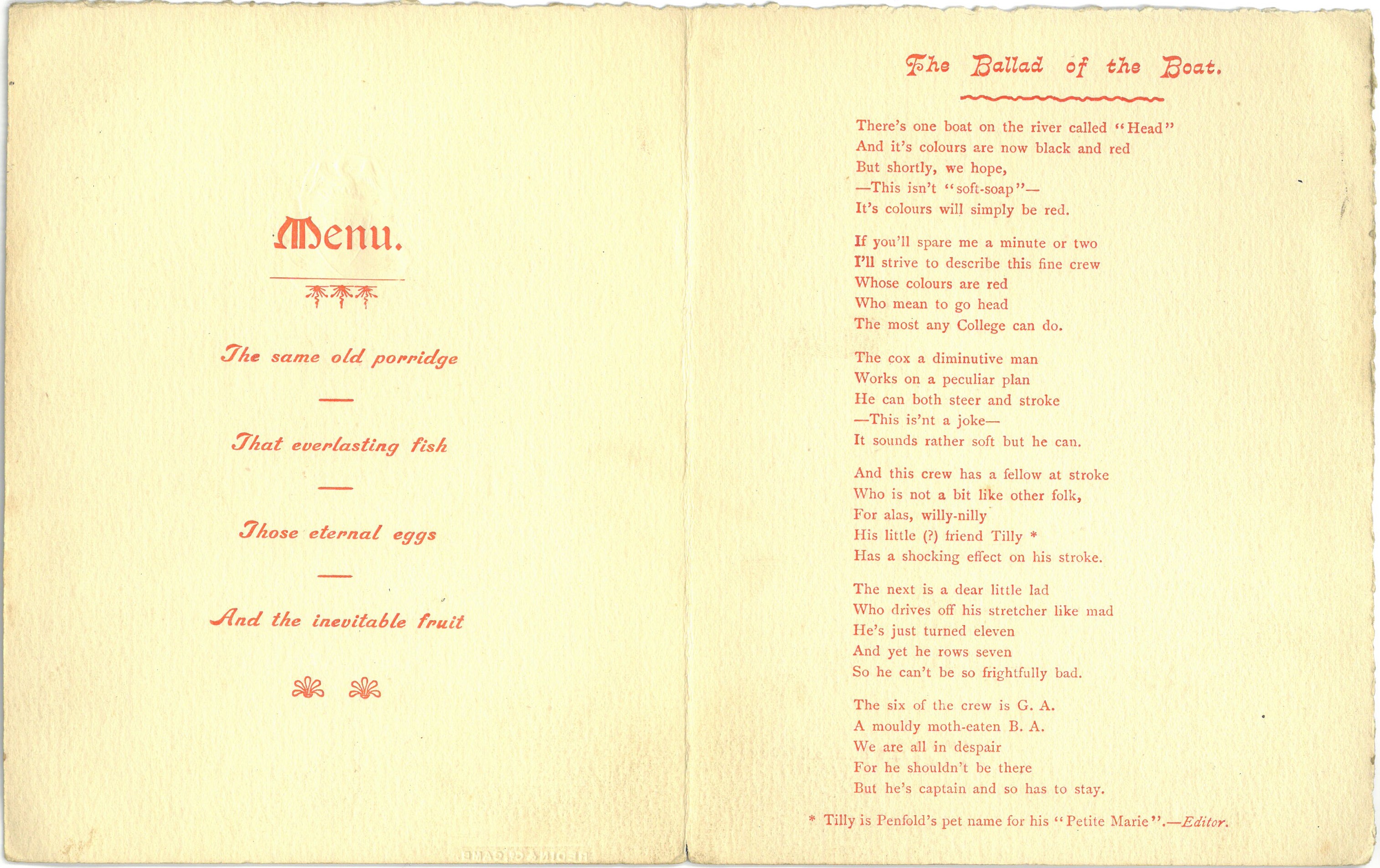 Breakfast menu and 'Ballad of the Boat', 1909