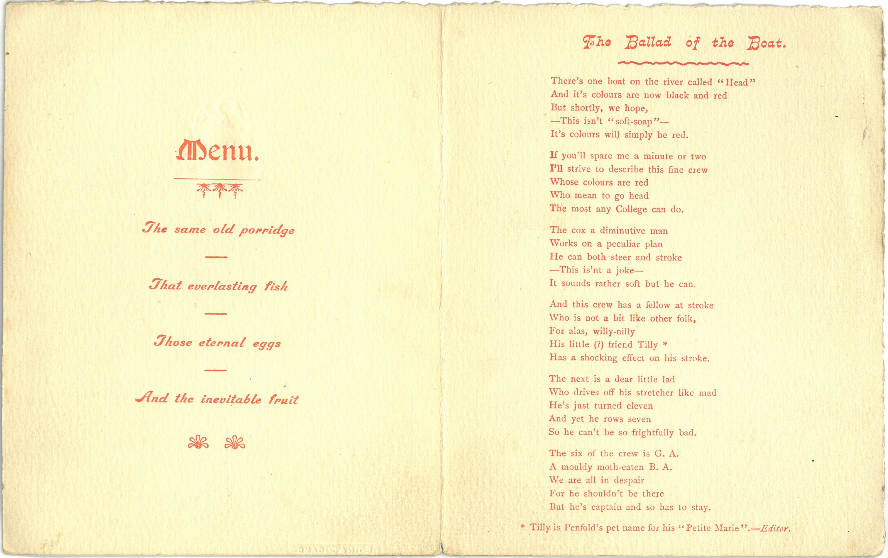 Breakfast menu and 'Ballad of the Boat', 1909