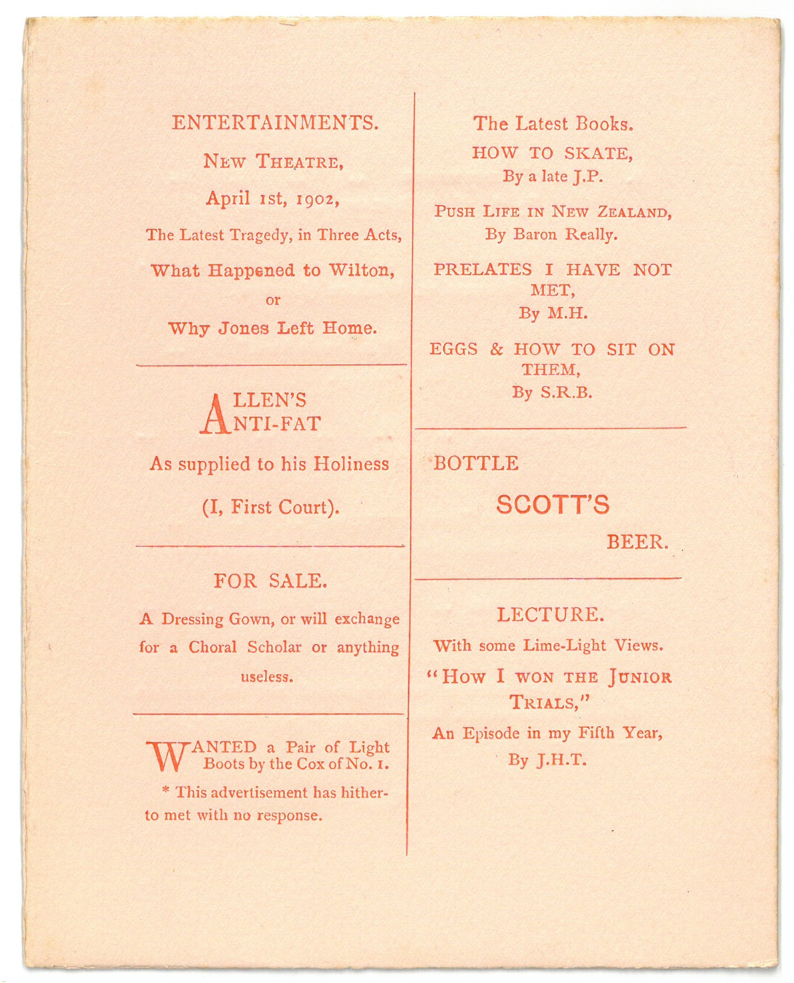 Back cover of concert programme, early 1900s