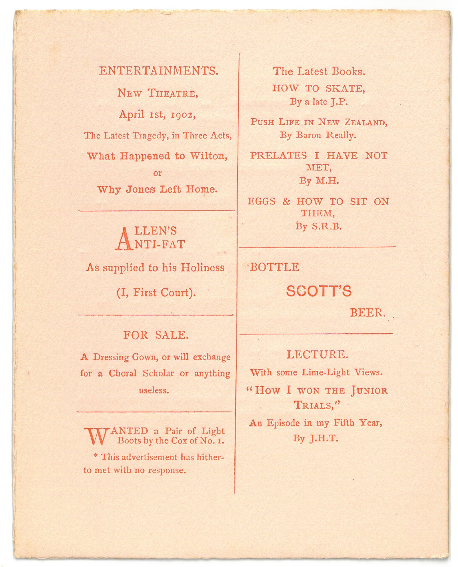 Back cover of concert programme, early 1900s