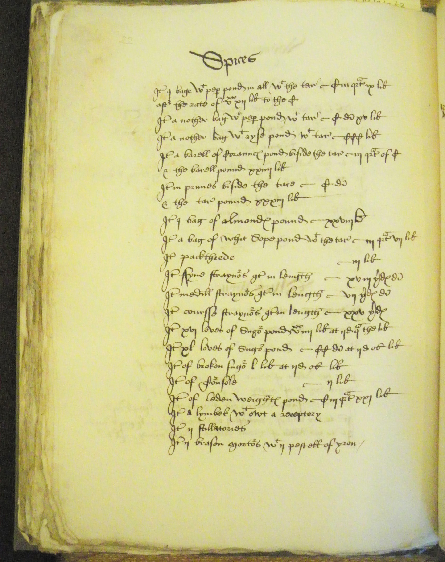Page of inventory, headed 'Spices'