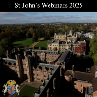 A view of St John's College, Cambridge, from the top of the Chapel. A Banner with St John's Webinars 2025.