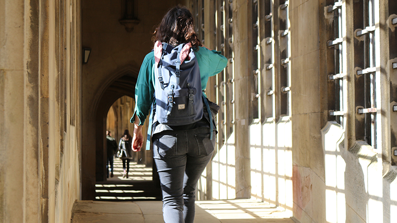 A student crosses the Bridge of Sighs