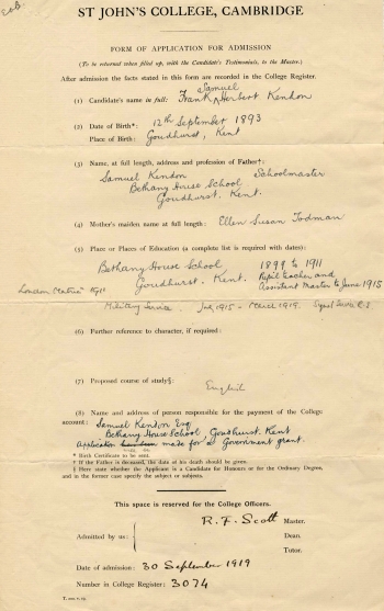 Kendon's application to St John's College