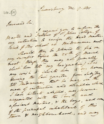 Kennedy's letter of resignation from Shrewsbury School (1835)