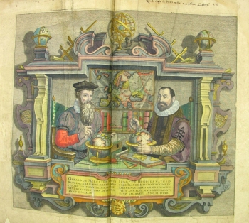 Gerardus Mercator (left) and Jodocus Hondius (right) in a scene of post-mortem collaboration