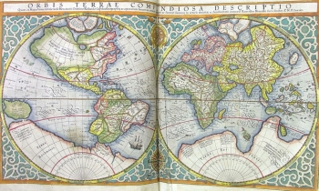 World map from Mercator's Atlas, printed and hand-coloured by Jodocus Hondius