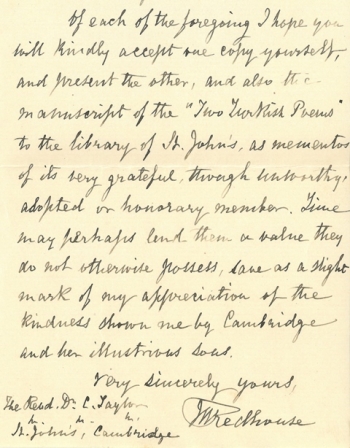 Redhouse's letter to Charles Taylor, Master of St John's, in 1884