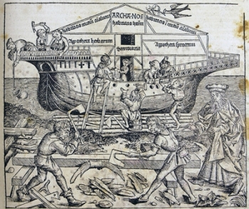 This Biblical scene shows the construction of Noah's Ark