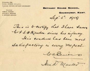 Reference letter from WA Benians to St John's College (5 Sep 1919)