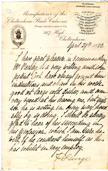 Letter of reference from FD George, confectioner to the Royal Family