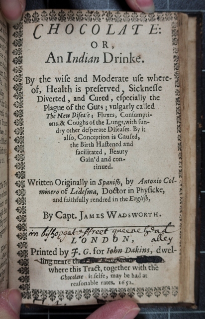 The title page of 'Chocolate, or, an Indian drinke...'