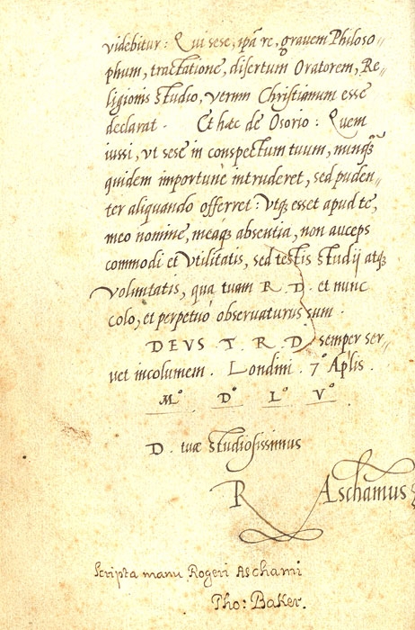 Ascham's signature at the end of one of his handwritten dedicatory epistles.