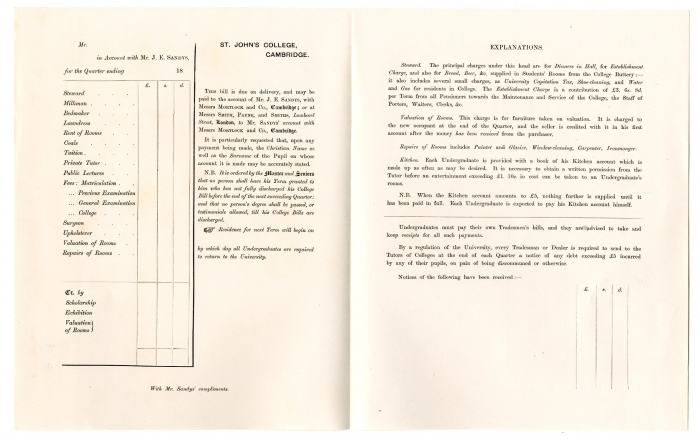 A blank invoice for undergraduates, dating from around 1878