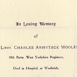 Memorial card for 2nd Lieut. Charles A Wooler, July 1916 Memorial card for 2nd Lieut. Charles A Wooler, July 1916