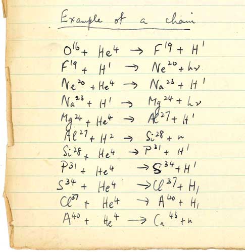 An example of a chain reaction from oxygen to calcium from Hoyle's 1946 notebook